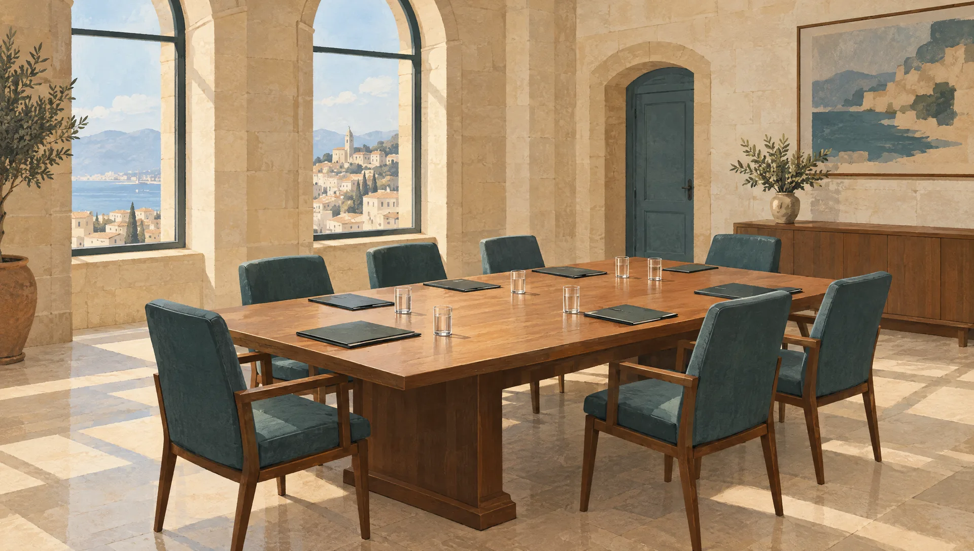 An illustrated cabinet room overlooking the Mediterranean